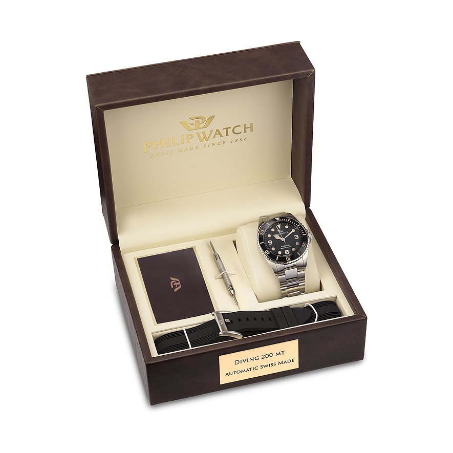 Philip Watch Taucheruhr mit Edelstahlgehäuse und schwarzem Zifferblatt.