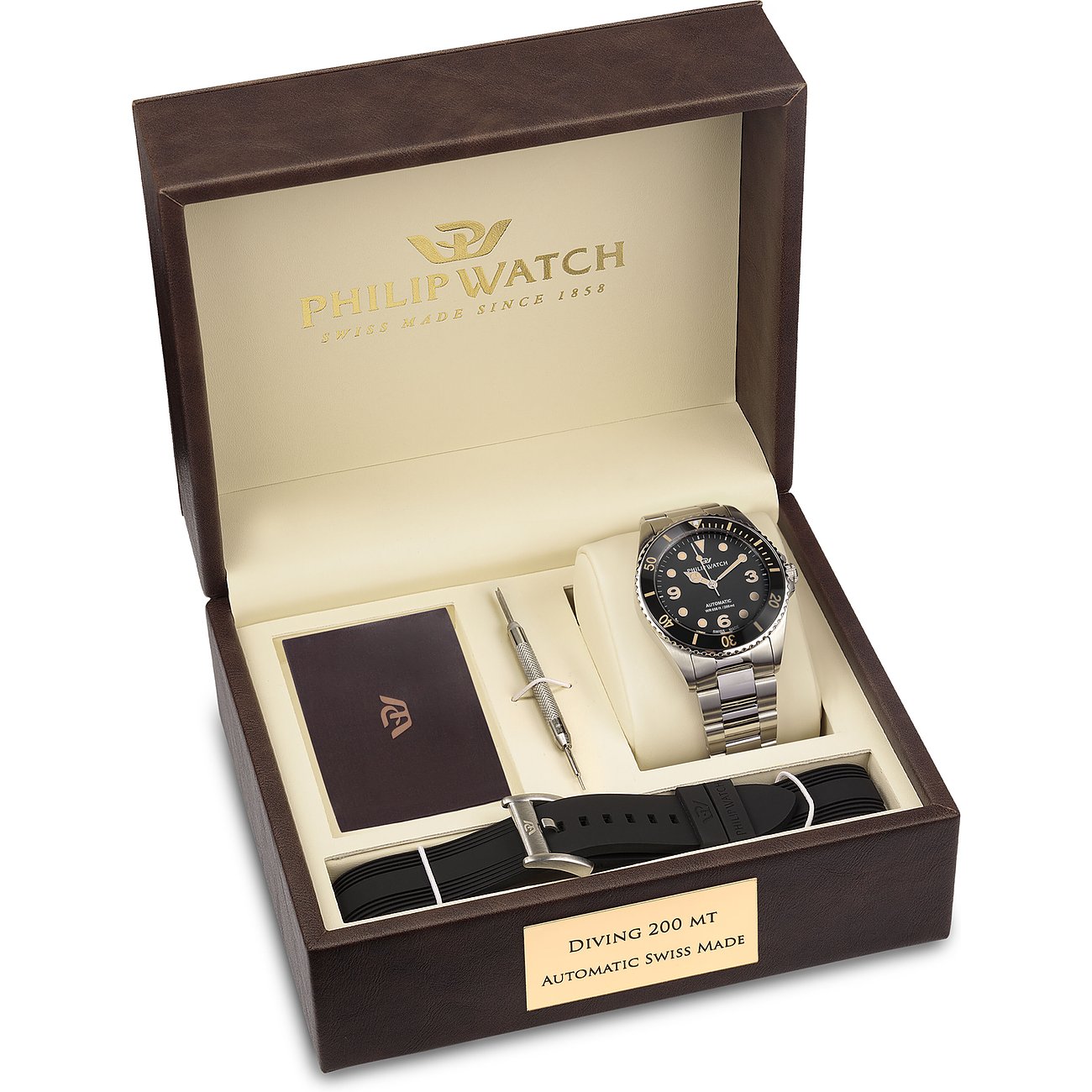 Philip Watch Taucheruhr mit Edelstahlgehäuse und schwarzem Zifferblatt.