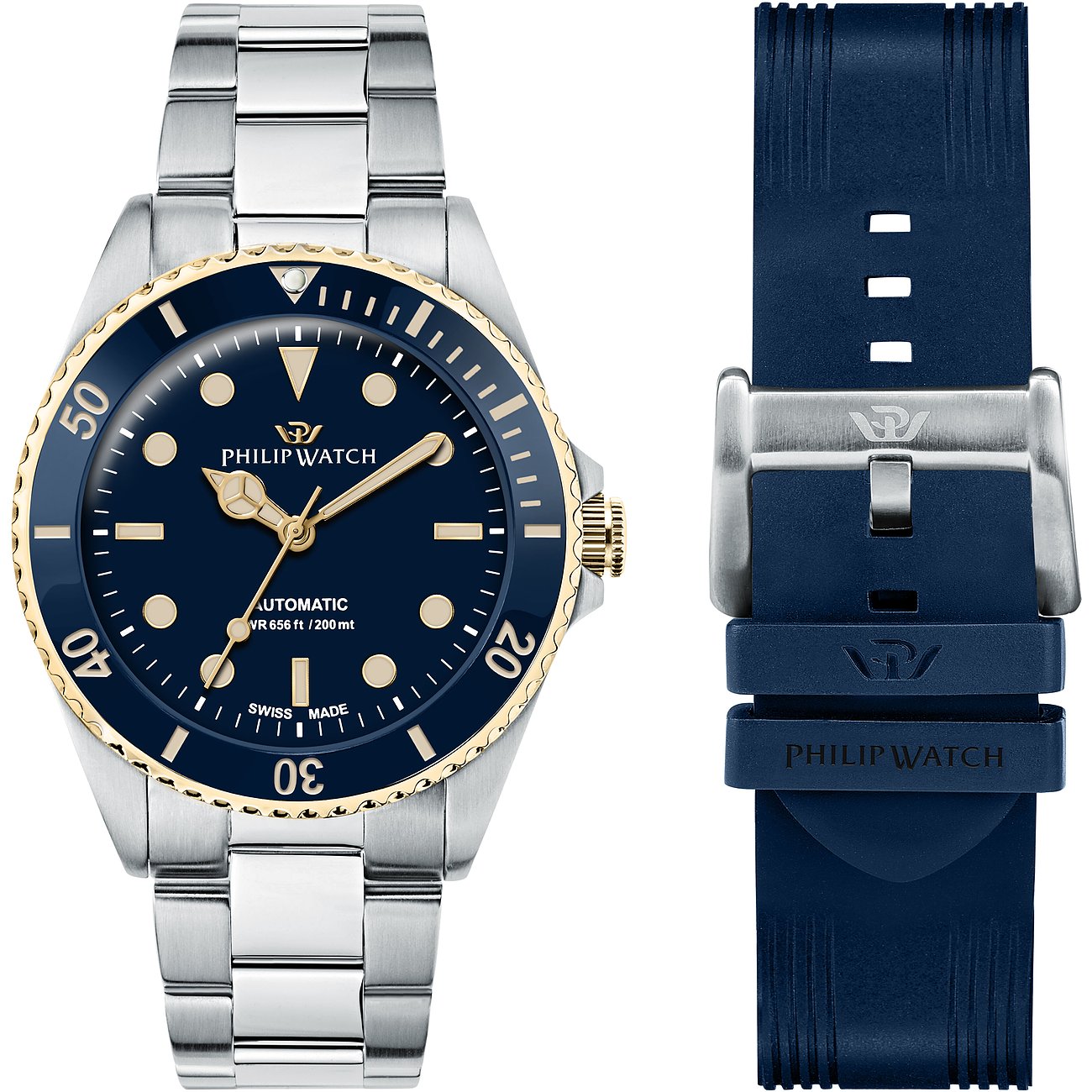 Philip Watch Edelstahl Herrenuhr mit blauem Zifferblatt und goldfarbener Lünette.