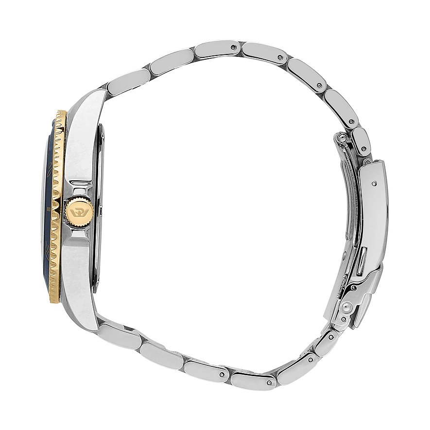 Philip Watch Edelstahl-Uhr mit goldfarbener Lünette und silbernem Armband.