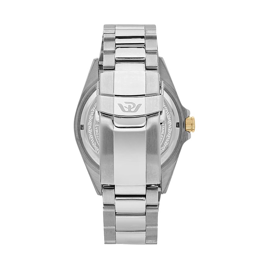 Philip Watch Edelstahl-Uhr mit silberfarbenem Gehäuse und goldfarbener Krone.