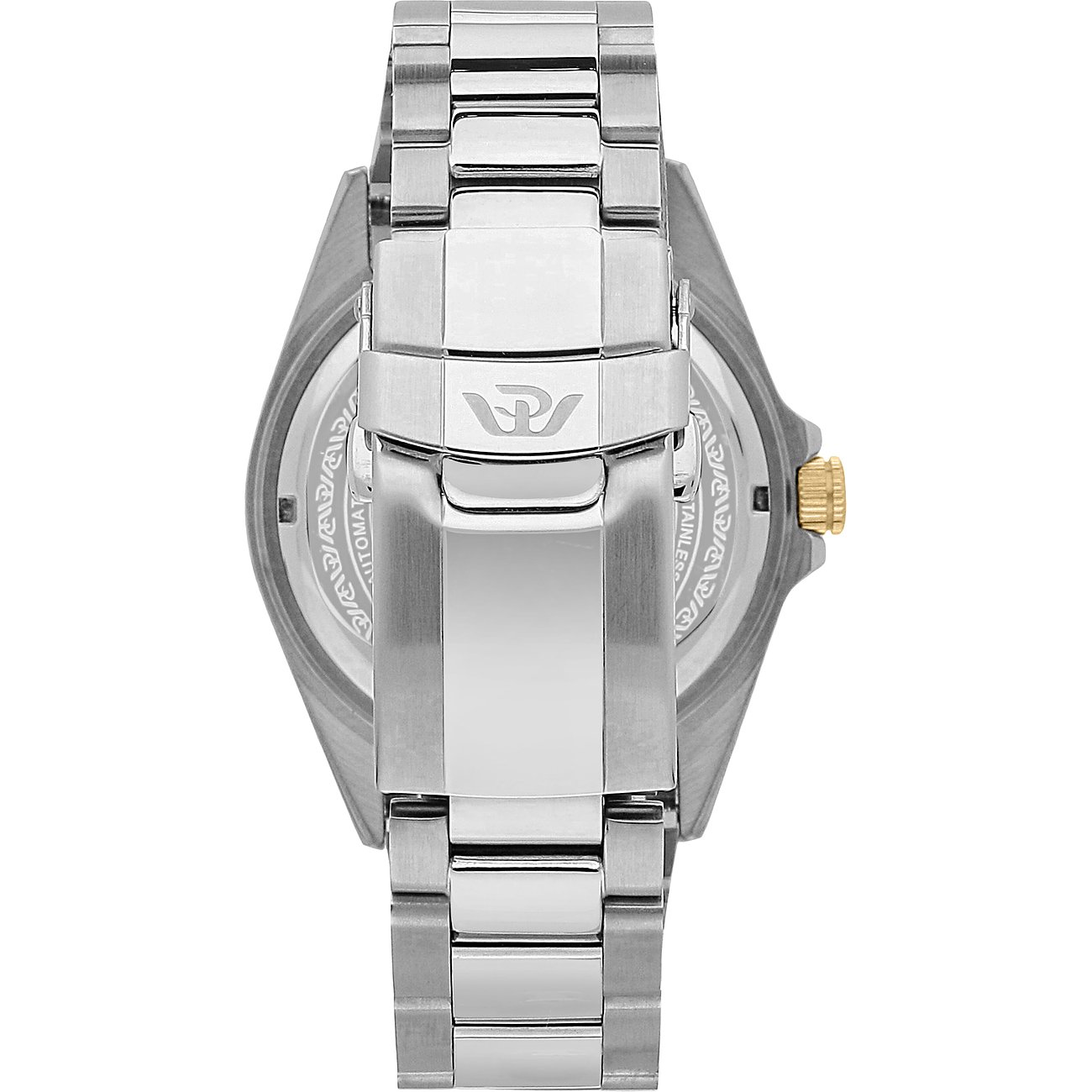 Philip Watch Edelstahl-Uhr mit silberfarbenem Gehäuse und goldfarbener Krone.