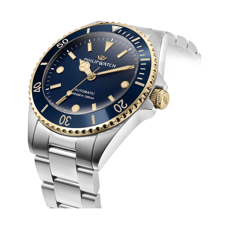 Philip Watch Herrenuhr mit Edelstahlgehäuse und blauem Zifferblatt.