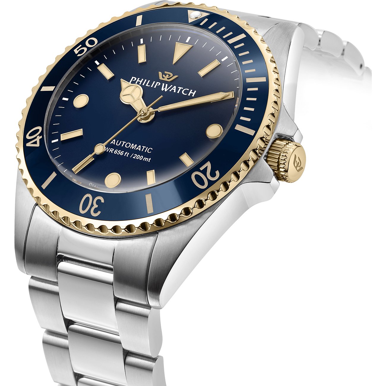 Philip Watch Herrenuhr mit Edelstahlgehäuse und blauem Zifferblatt.