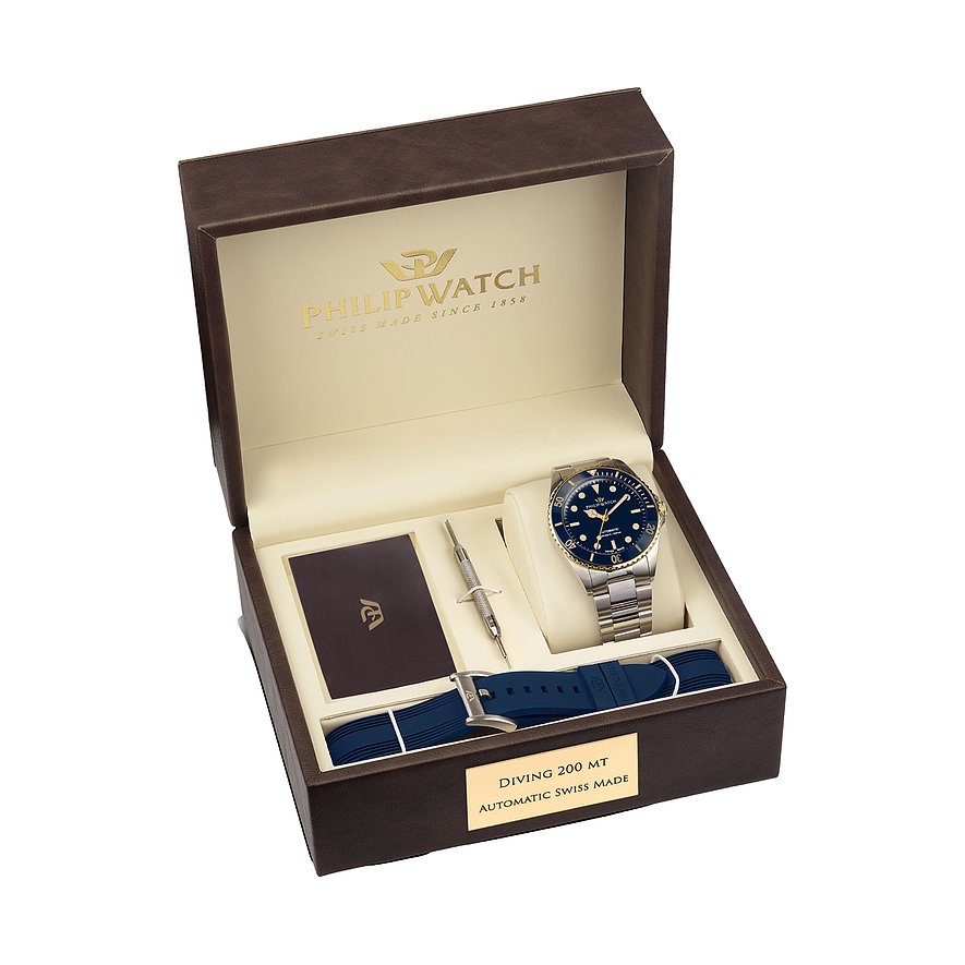 Philip Watch Herrenuhr mit Edelstahlgehäuse und blauem Zifferblatt.