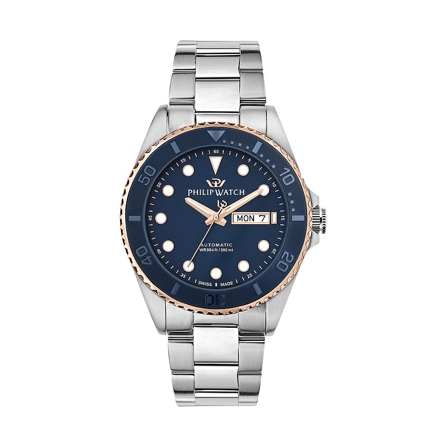 Philip Watch Herrenuhr Caribe Diving R8223597033, Herren, Edelstahl, Armband: Edelstahl, Automatik, analog