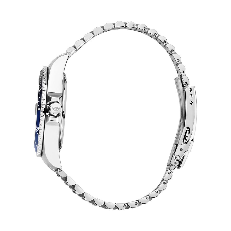 Philip Watch Armbanduhr aus Edelstahl mit blauem Zifferblatt und silberfarbenem Gehäuse.