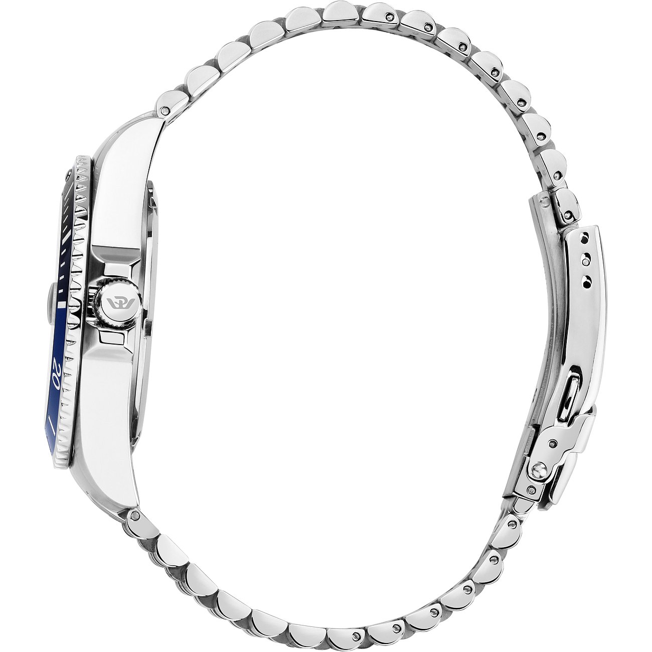 Philip Watch Armbanduhr aus Edelstahl mit blauem Zifferblatt und silberfarbenem Gehäuse.