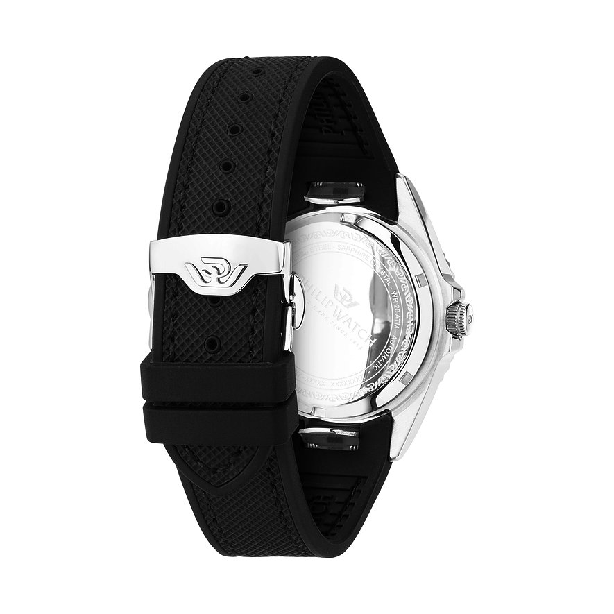 Philip Watch Damenuhr aus Edelstahl mit schwarzem Armband und Automatikwerk.
