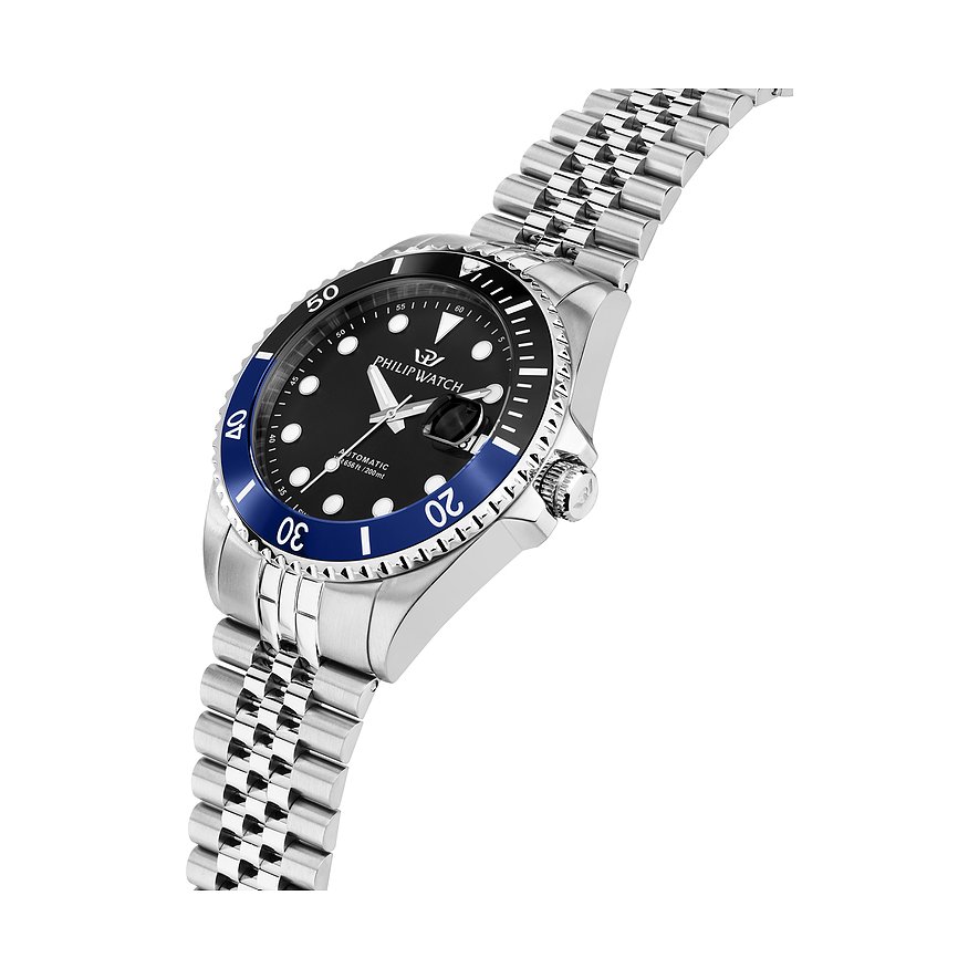 Philip Watch Herrenuhr mit Edelstahlgehäuse, schwarzem Zifferblatt und blauer Lünette.