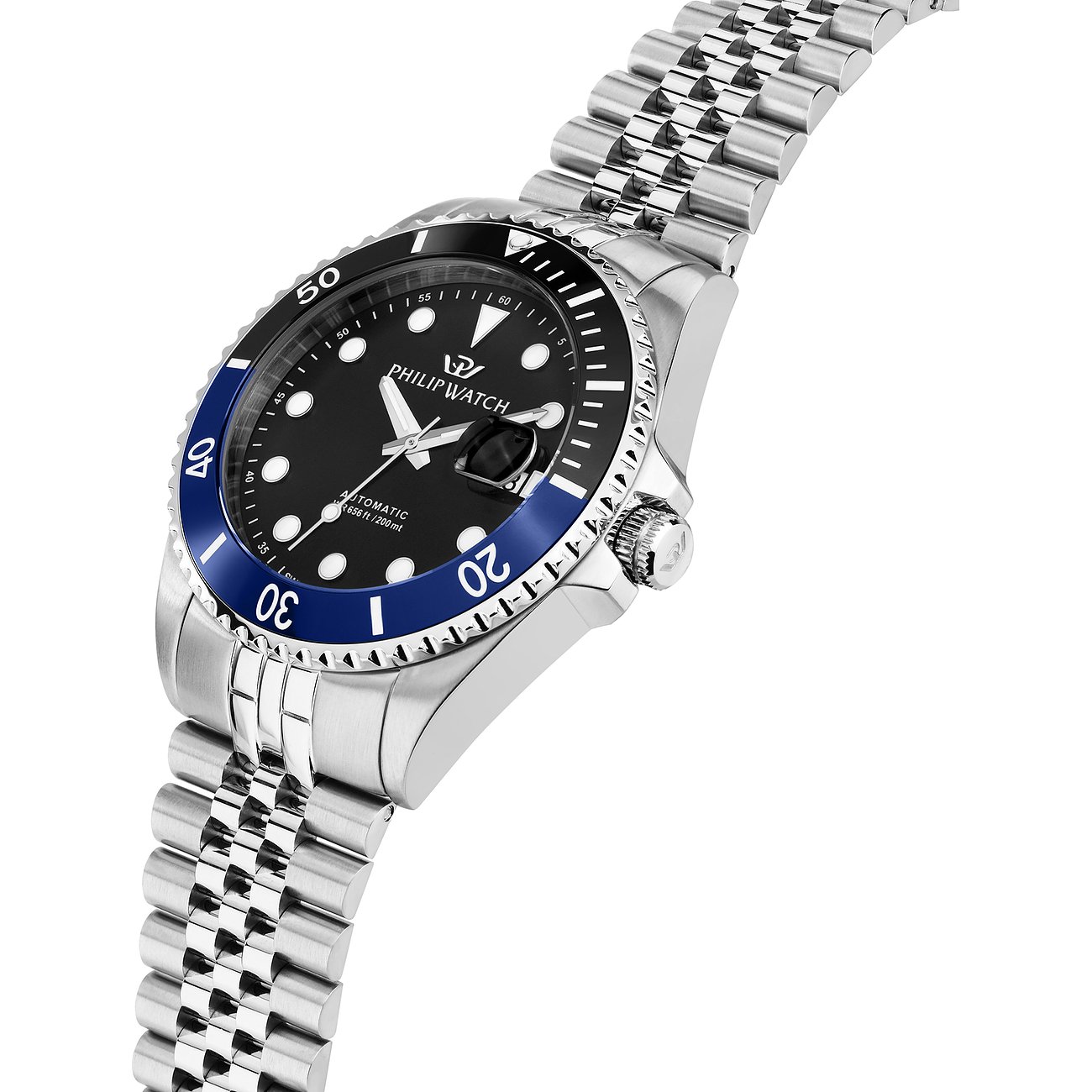 Philip Watch Herrenuhr mit Edelstahlgehäuse, schwarzem Zifferblatt und blauer Lünette.