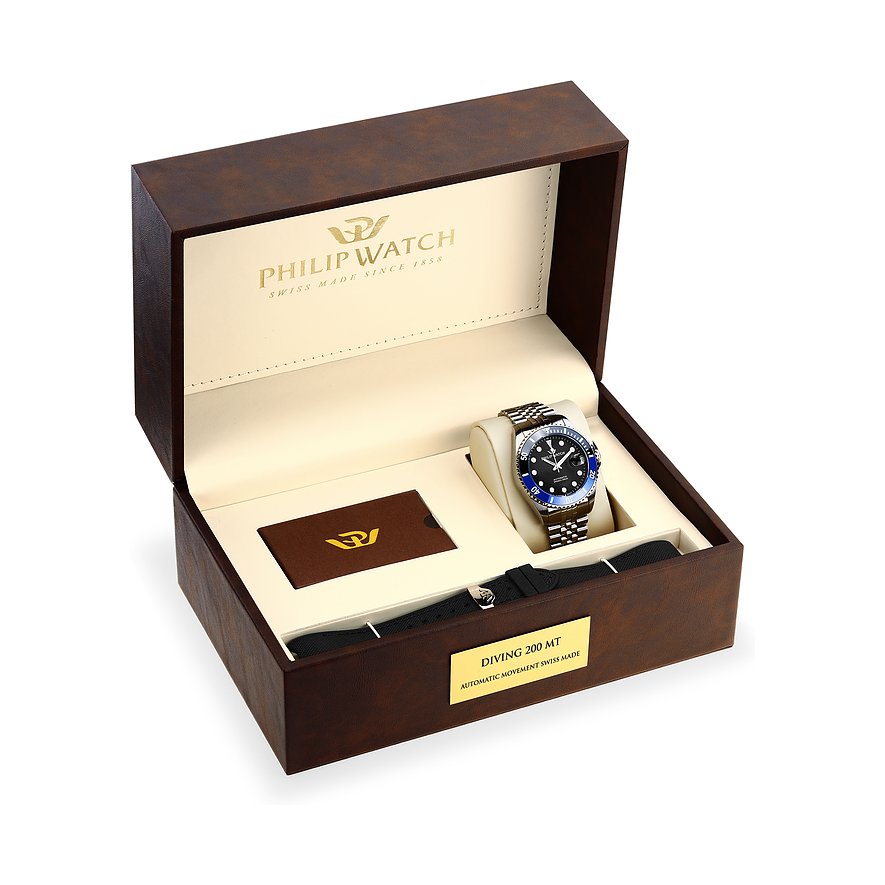Philip Watch Taucheruhr mit Edelstahlgehäuse und blauer Lünette.