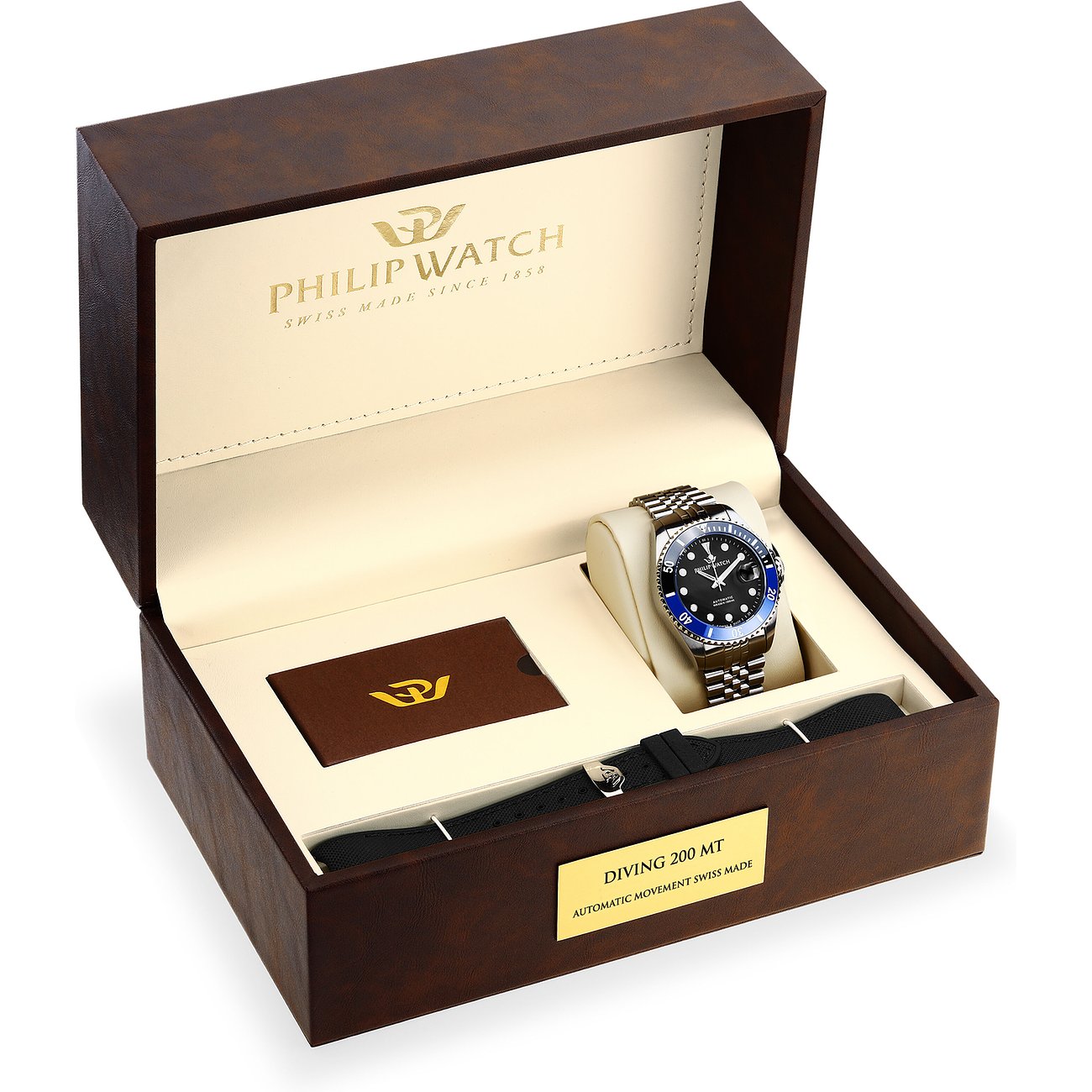 Philip Watch Taucheruhr mit Edelstahlgehäuse und blauer Lünette.