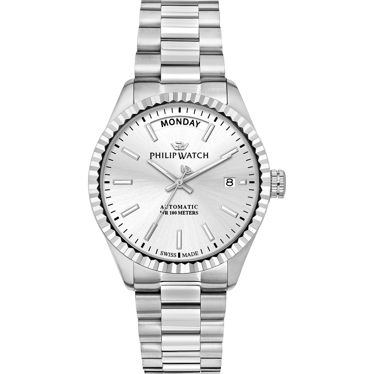 Philip Watch Herrenuhr mit Edelstahlgehäuse, silberfarbenes Zifferblatt, analog.