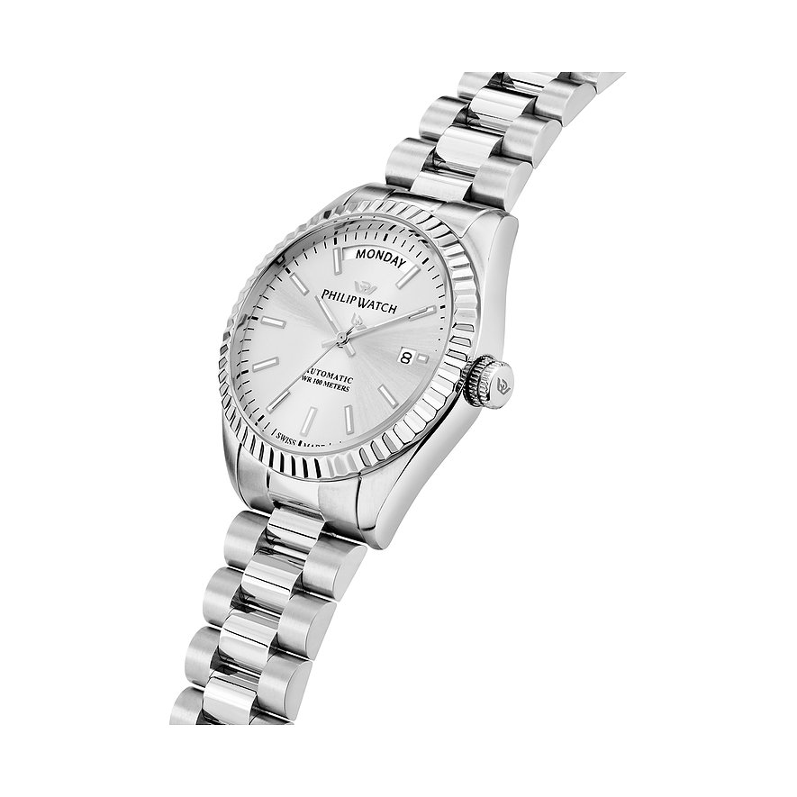Philip Watch Herrenuhr aus Edelstahl, silberfarben, mit geriffeltem Zifferblatt.