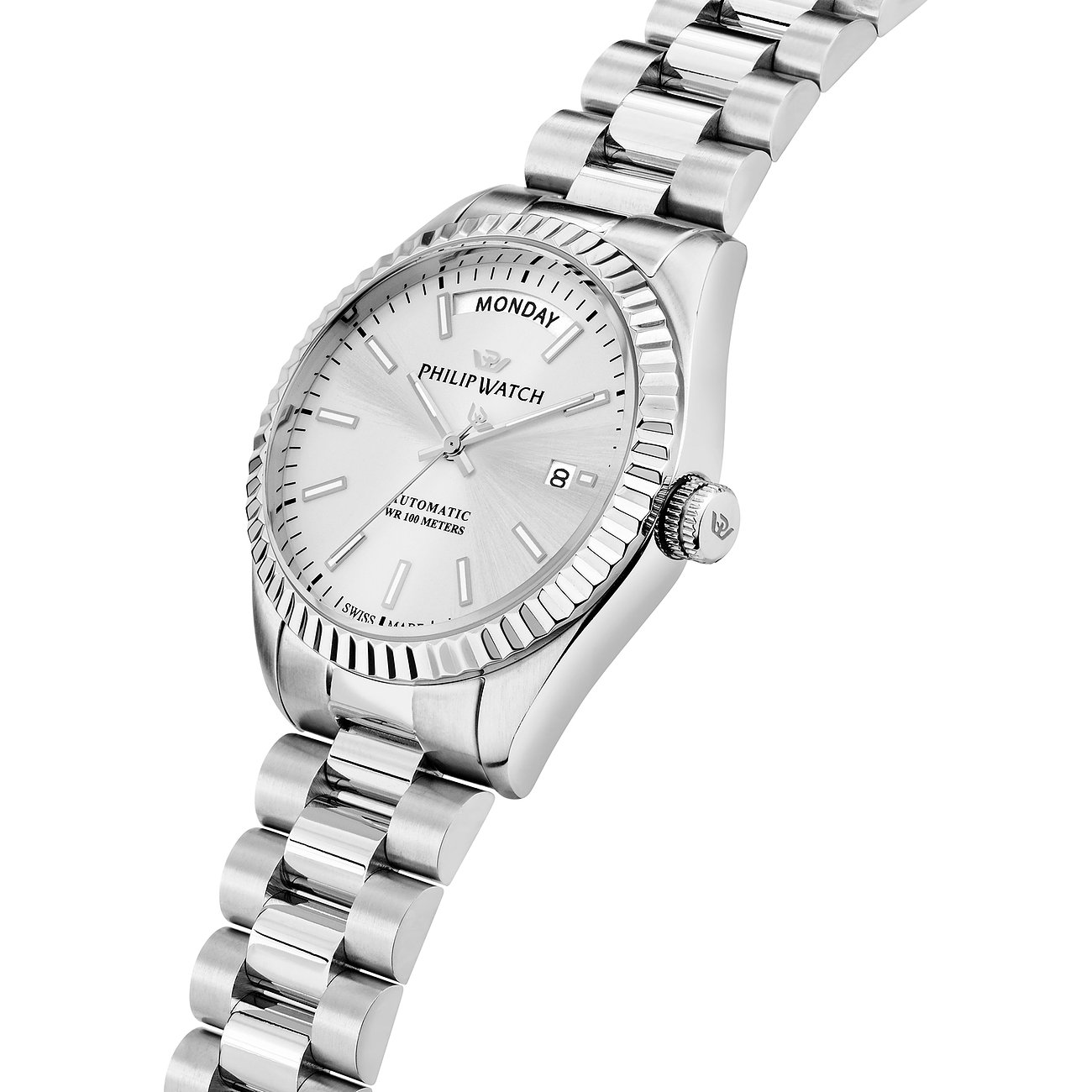 Philip Watch Herrenuhr aus Edelstahl, silberfarben, mit geriffeltem Zifferblatt.