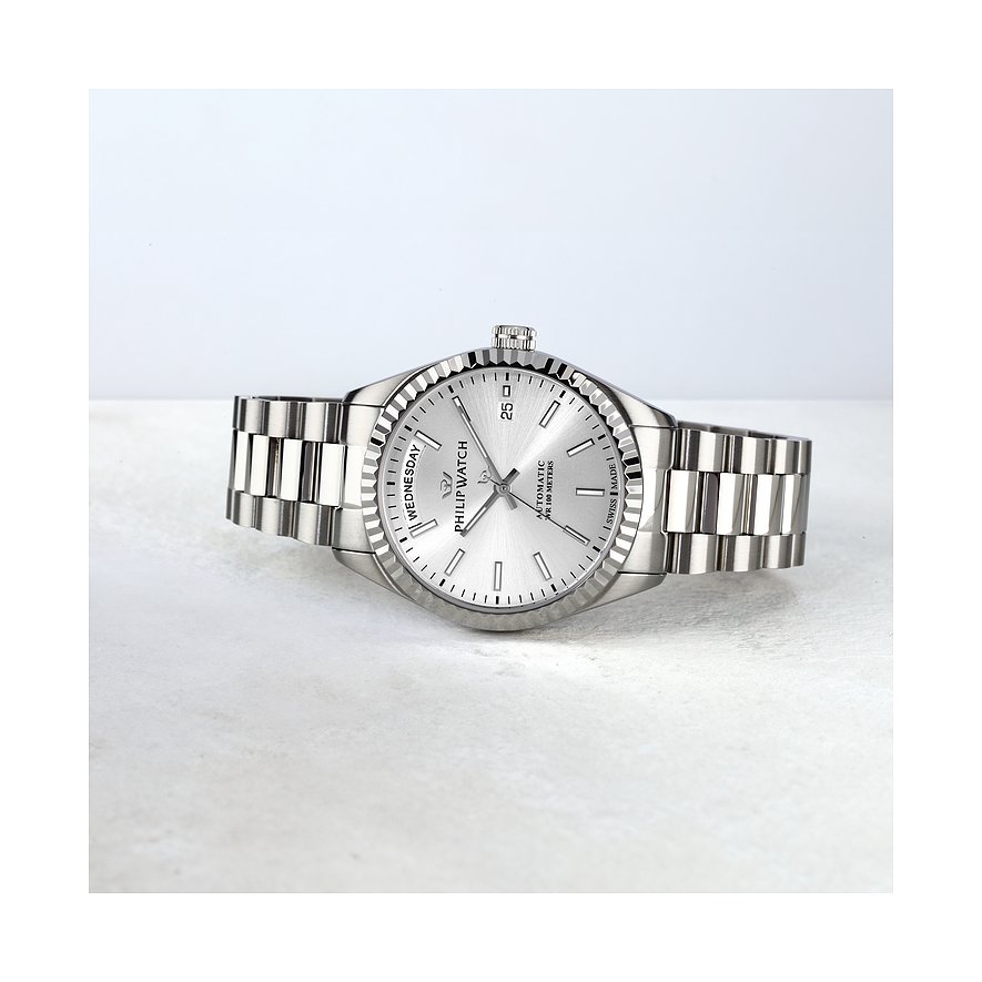 Philip Watch Herrenuhr mit Edelstahlgehäuse und silberfarbenem Zifferblatt.
