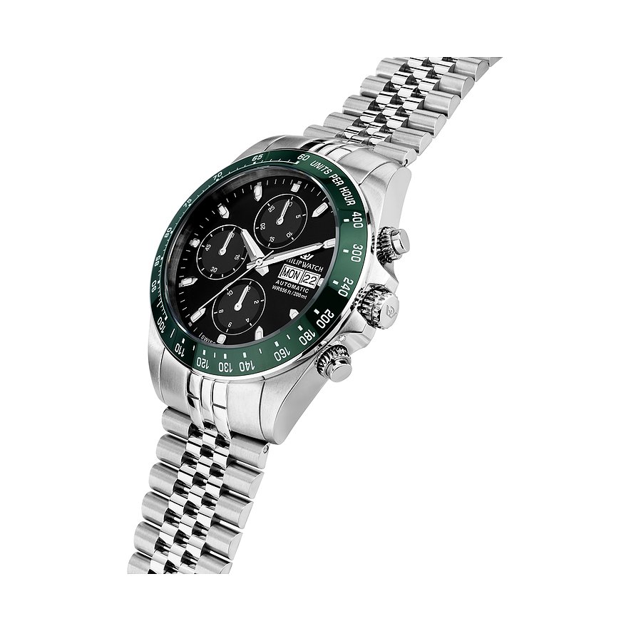 Philip Watch Herrenuhr mit Edelstahlgehäuse, schwarzem Zifferblatt und grüner Lünette.