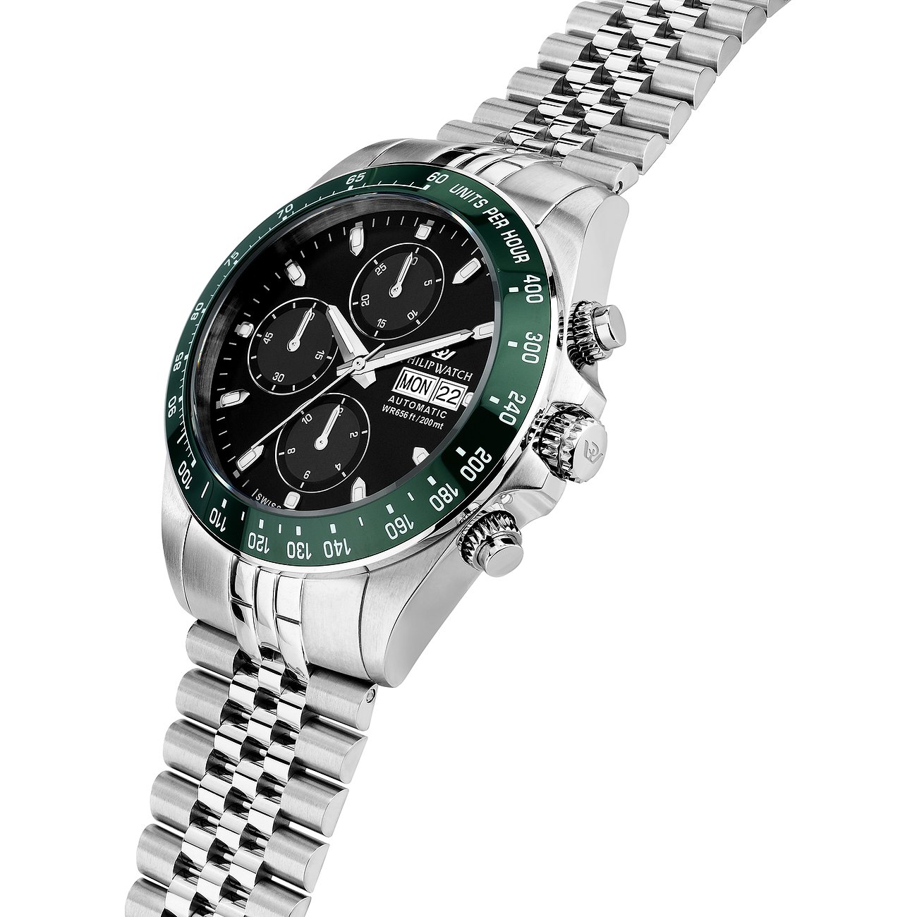 Philip Watch Herrenuhr mit Edelstahlgehäuse, schwarzem Zifferblatt und grüner Lünette.