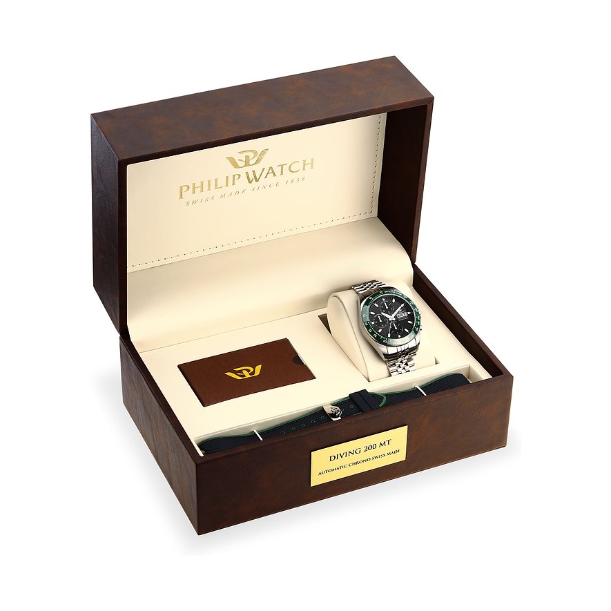Philip Watch Automatik-Uhr mit Edelstahlgehäuse und schwarzem Zifferblatt.