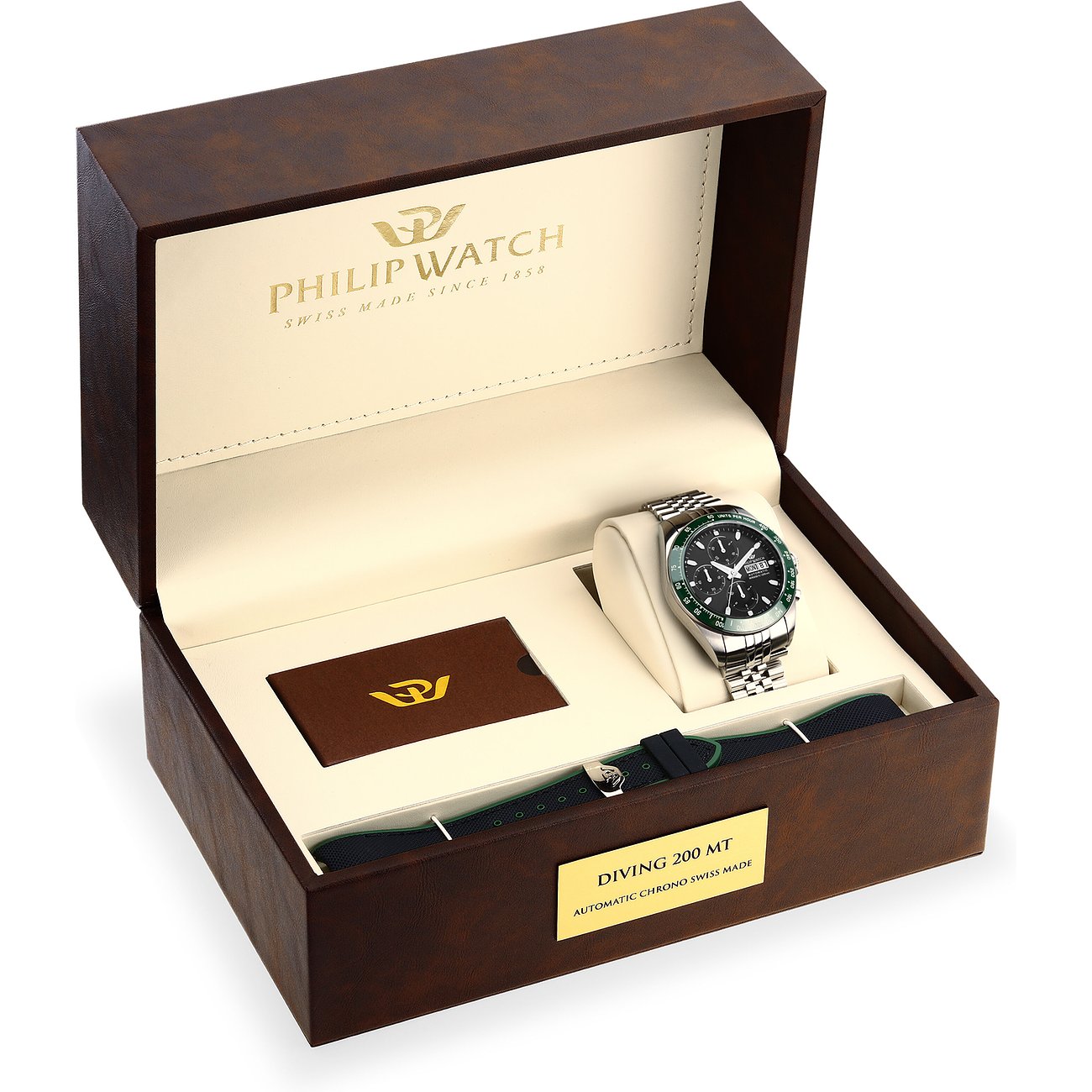 Philip Watch Automatik-Uhr mit Edelstahlgehäuse und schwarzem Zifferblatt.