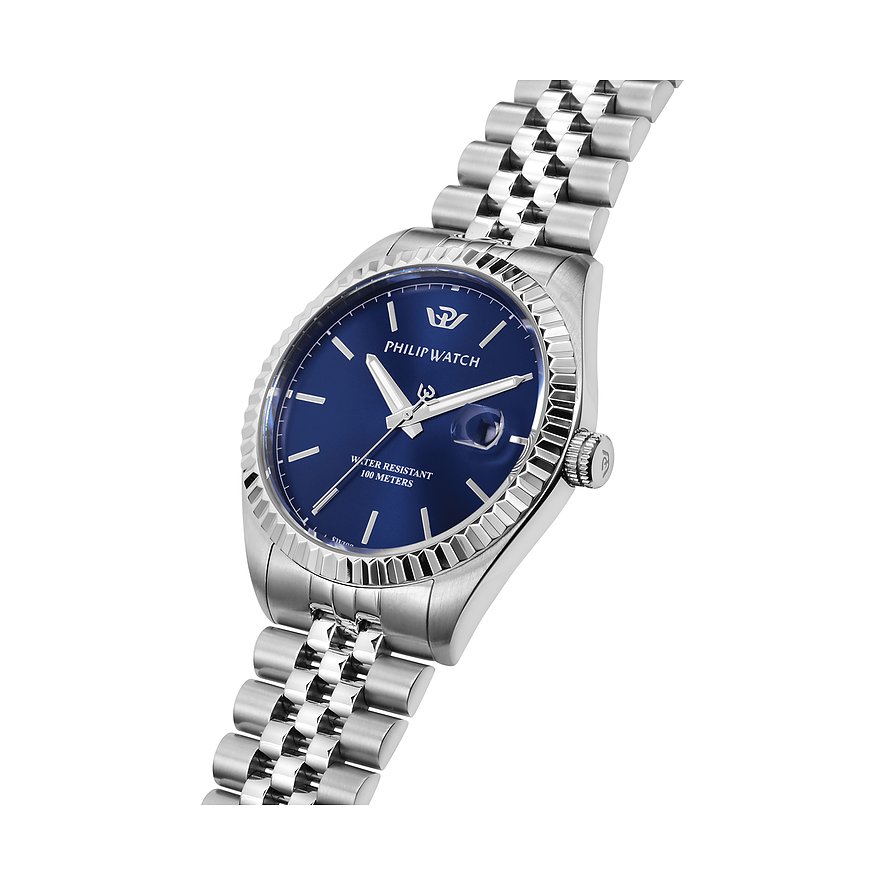 Philip Watch Herrenuhr mit Edelstahlgehäuse und blauem Zifferblatt.