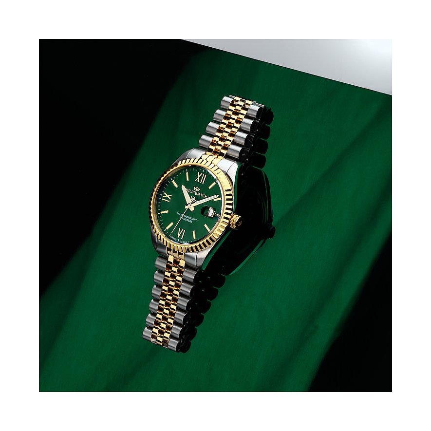 Philip Watch Herrenuhr mit Edelstahlgehäuse, bicolor, mit grünem Zifferblatt.