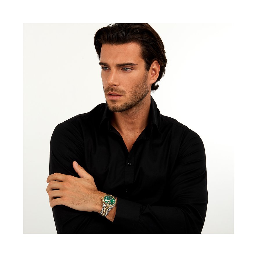 Philip Watch Herrenuhr mit Edelstahlgehäuse, bicolor, grünes Zifferblatt, analog.