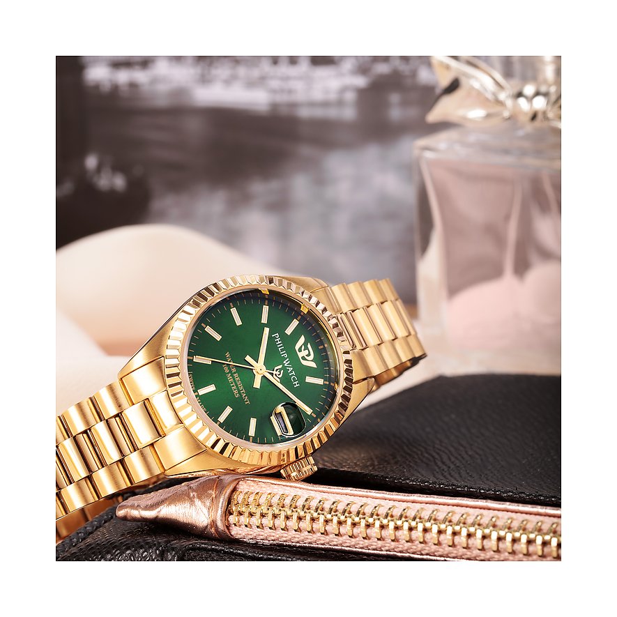 Philip Watch dameur i rustfrit stål, guldfarvet, med grøn urskive.