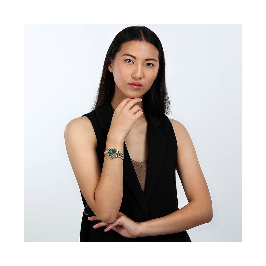 Philip Watch dameur i rustfrit stål, guldfarvet, med grøn urskive og automatisk urværk.