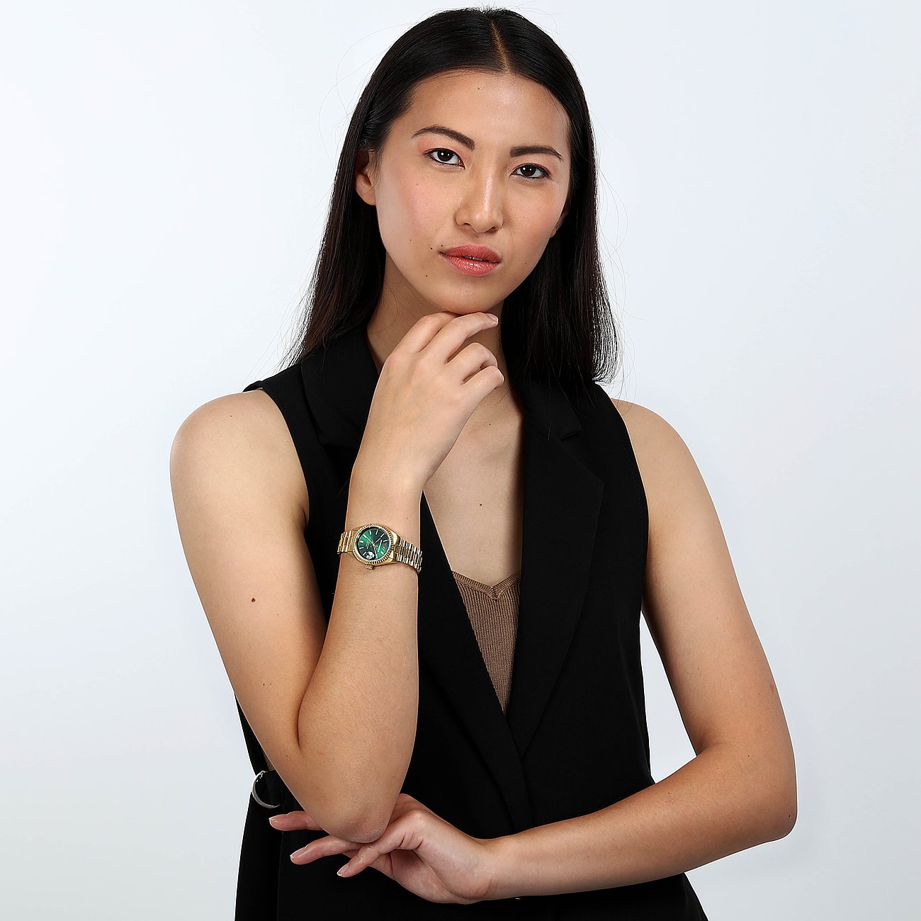 Philip Watch dameur i rustfrit stål, guldfarvet, med grøn urskive og automatisk urværk.