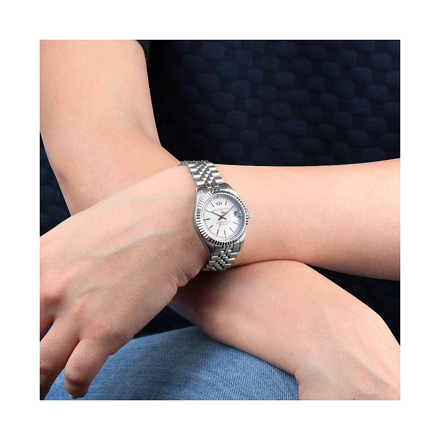 Philip Watch dameur i rustfrit stål med hvid urskive og datoangivelse.