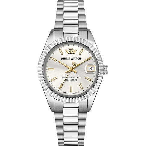 Philip Watch Damenuhr aus Edelstahl mit silbernem Zifferblatt und goldfarbenen Zeigern.