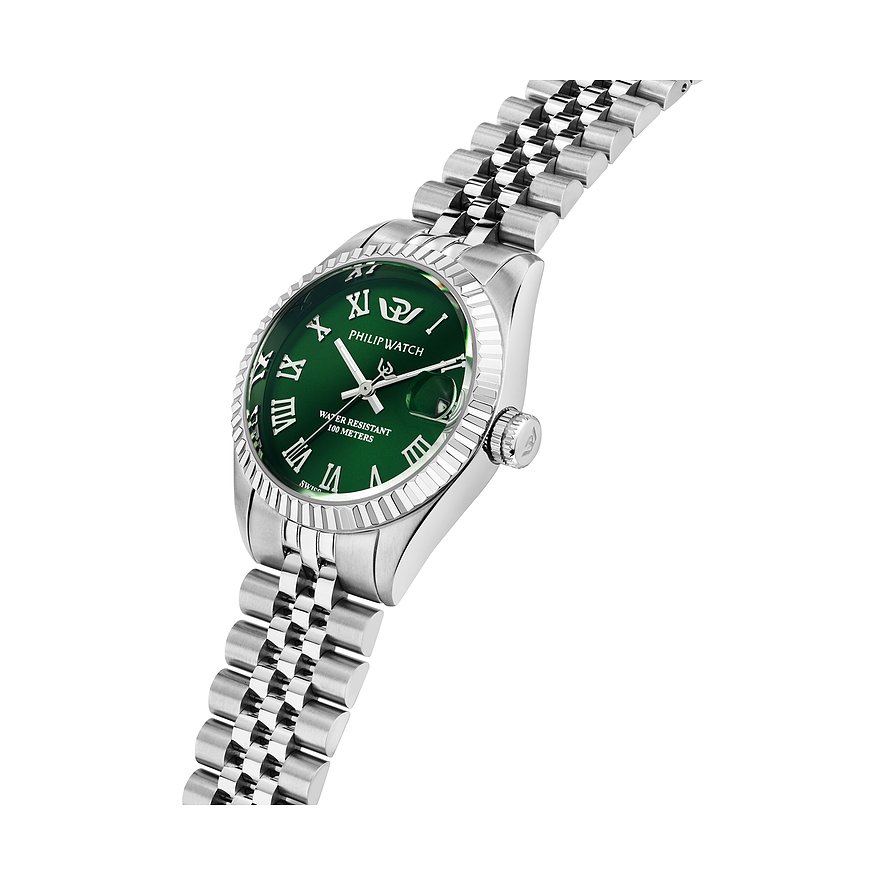 Philip Watch Damenuhr mit Edelstahlgehäuse, grünes Zifferblatt und römischen Ziffern.