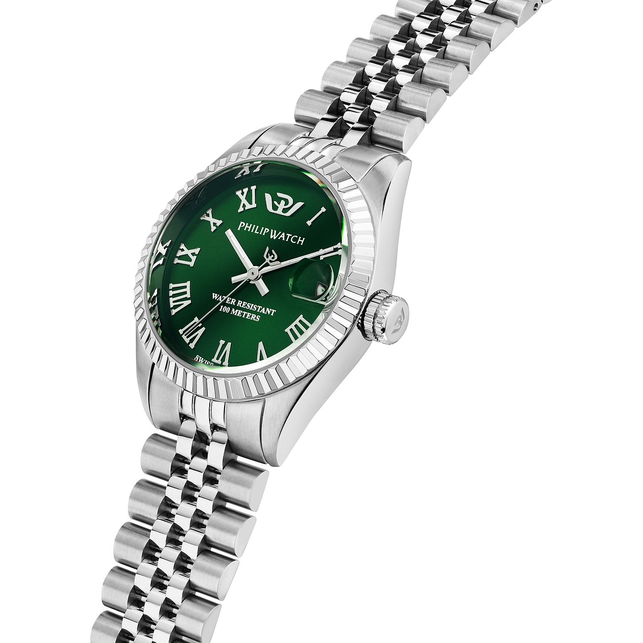 Philip Watch Damenuhr mit Edelstahlgehäuse, grünes Zifferblatt und römischen Ziffern.