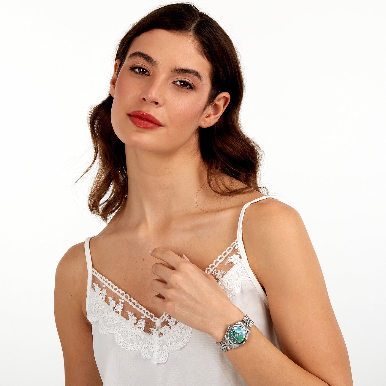 Philip Watch Damenuhr mit Edelstahlgehäuse und grünem Zifferblatt.