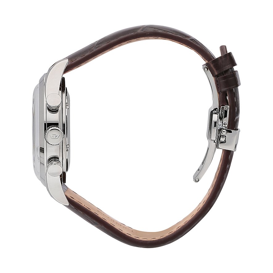 Philip Watch Herrenuhr mit Edelstahlgehäuse und braunem Lederarmband.