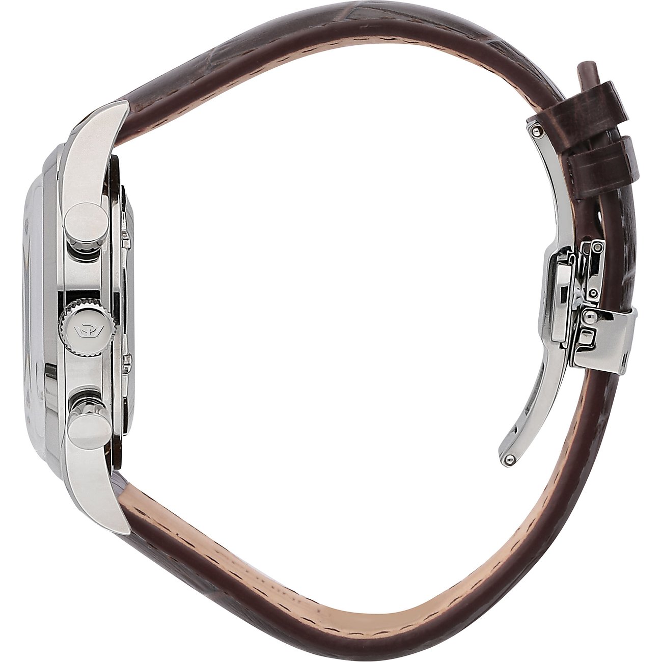 Philip Watch Herrenuhr mit Edelstahlgehäuse und braunem Lederarmband.