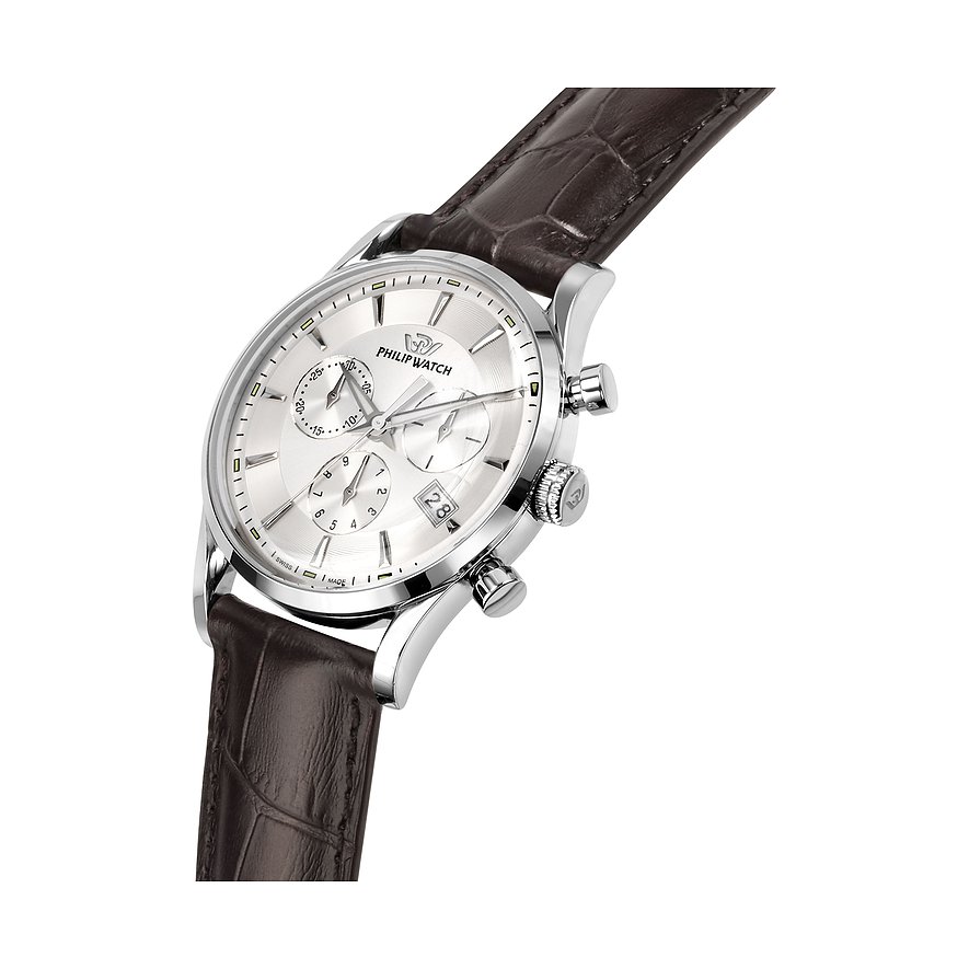 Philip Watch Herrenuhr mit Edelstahlgehäuse, silberfarbenes Zifferblatt und Datumsanzeige.
