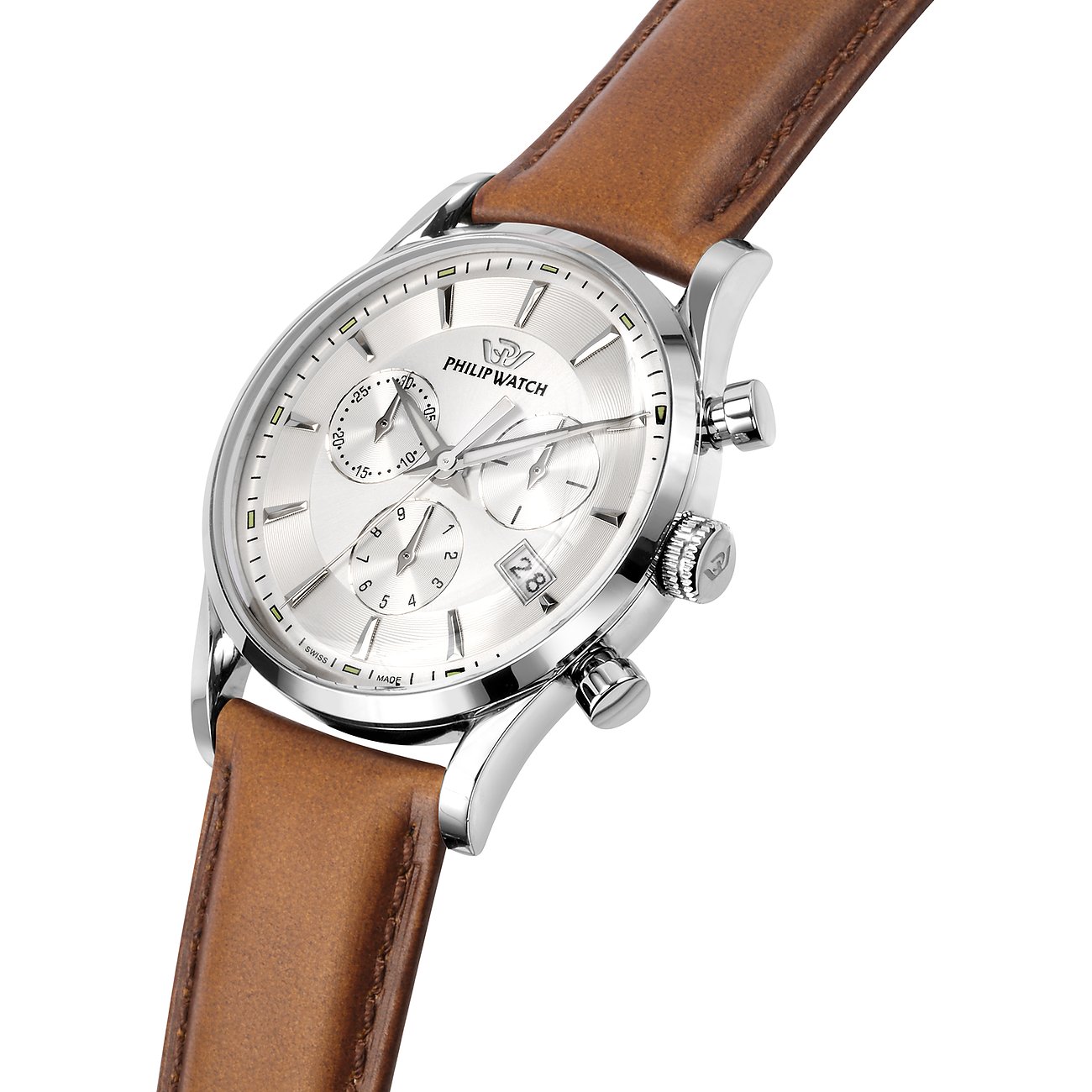 Philip Watch Herrenuhr mit Edelstahlgehäuse und braunem Lederarmband.