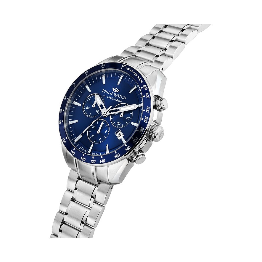 Philip Watch Herrenuhr mit Edelstahlgehäuse, blauem Zifferblatt und Chronograph.