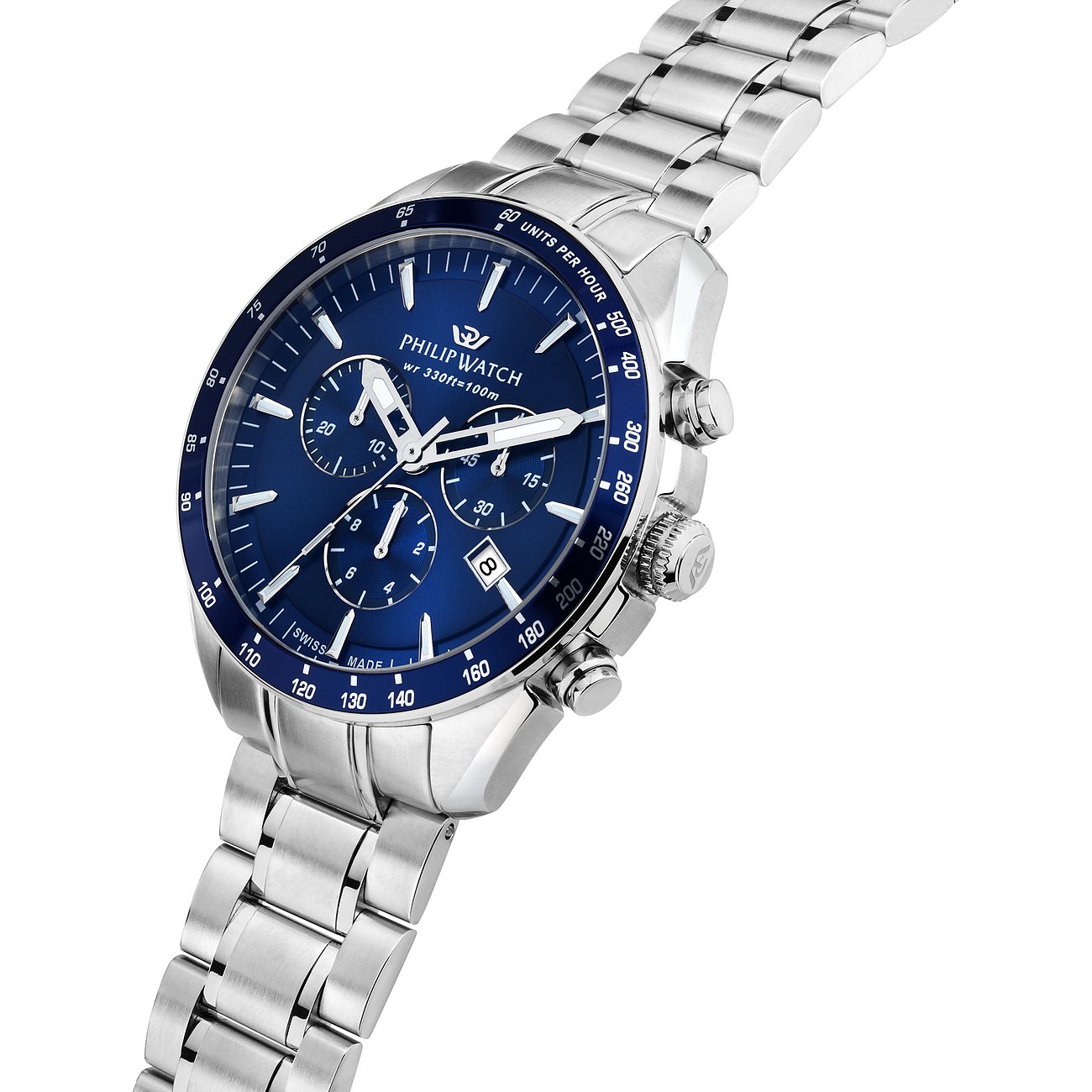 Philip Watch Herrenuhr mit Edelstahlgehäuse, blauem Zifferblatt und Chronograph.