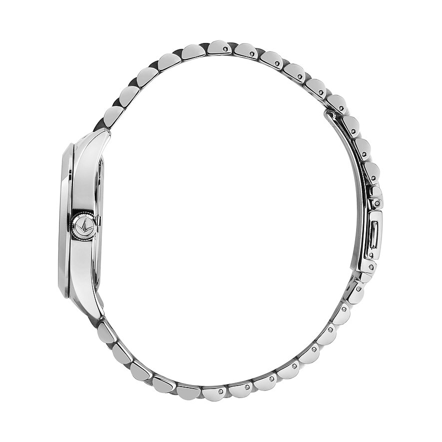 Seitenansicht einer Lucien Rochat Damenuhr aus Edelstahl mit filigranem Armband und Gehäuse.