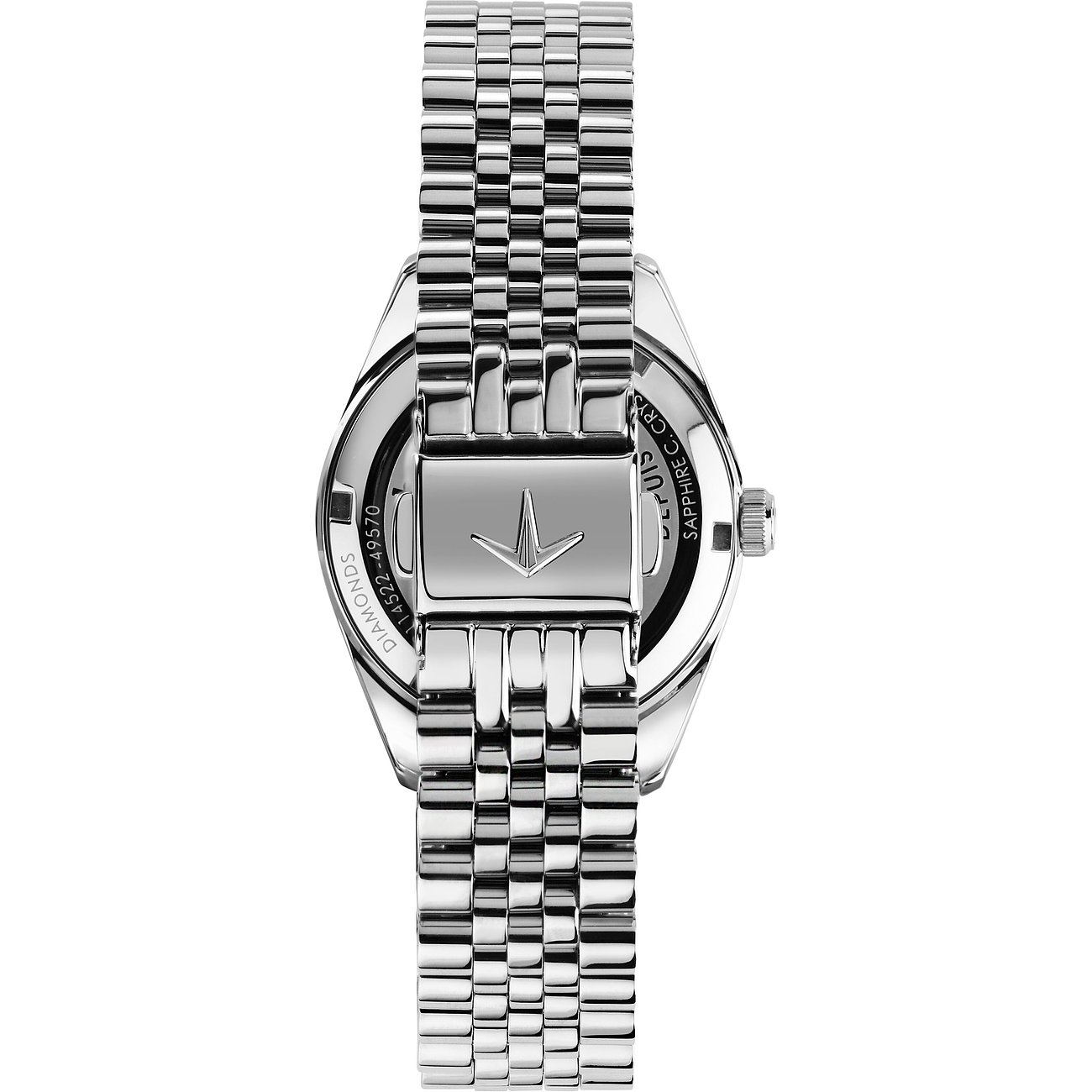 Die Rückseite einer Lucien Rochat Damenuhr aus Edelstahl mit einem detaillierten Gliederarmband und Gravur.
