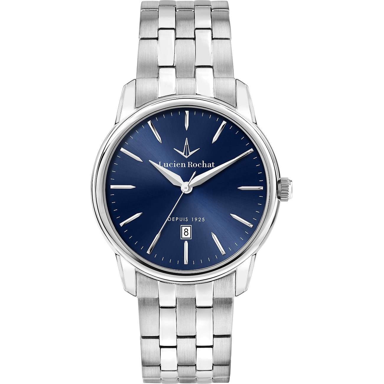 Montre homme Lucien Rochat, acier inoxydable, cadran rond bleu, affichage de la date sur fond blanc.