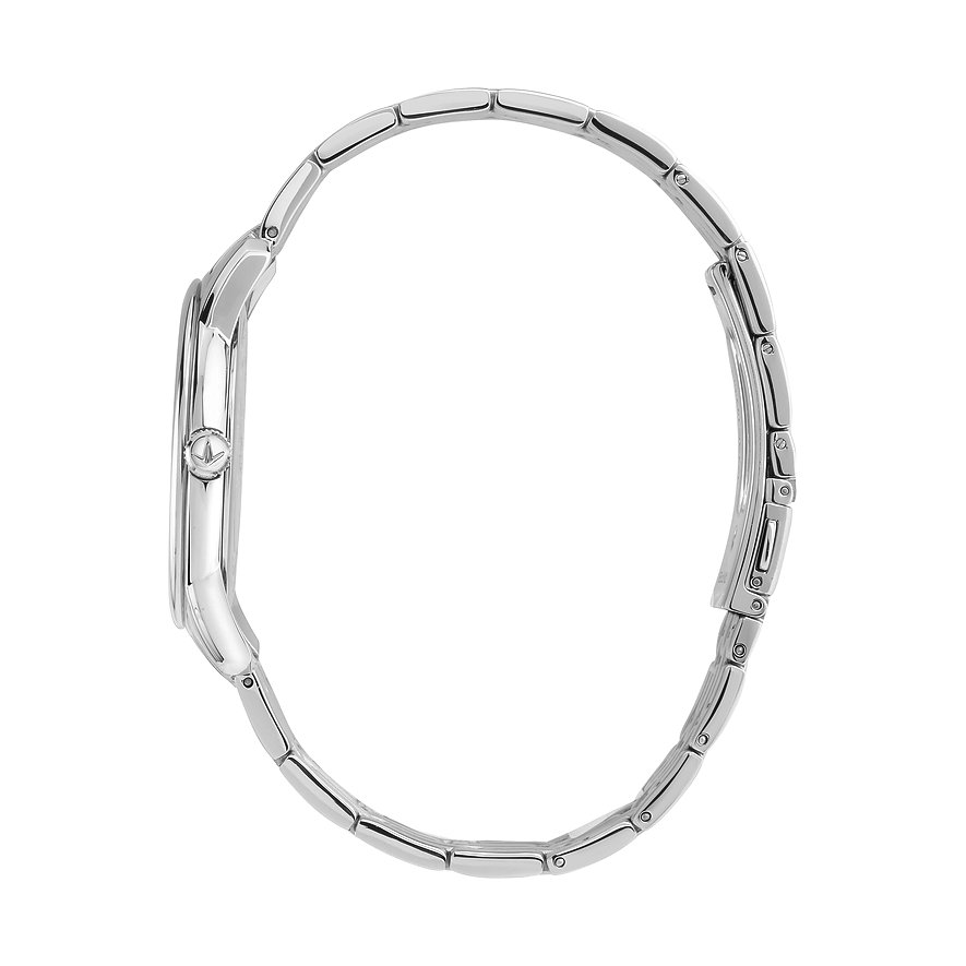 Vue latérale de la montre homme Lucien Rochat en acier inoxydable argenté avec bracelet métallique.