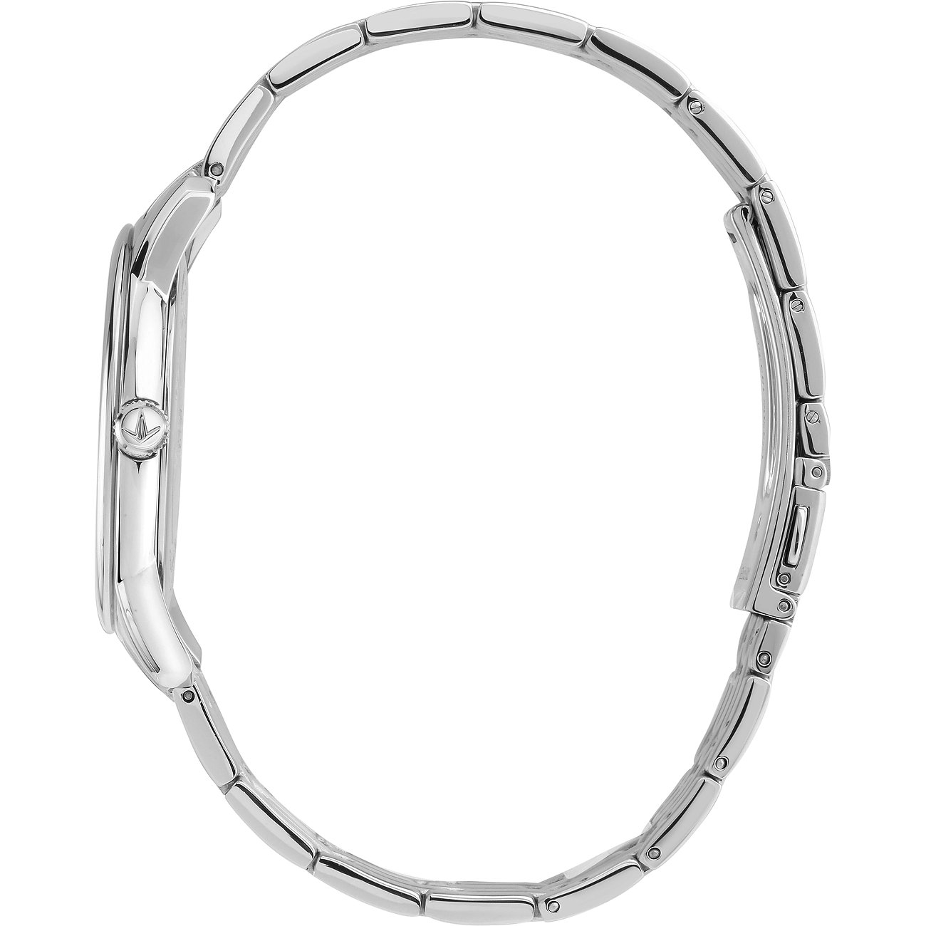 Vue latérale de la montre homme Lucien Rochat en acier inoxydable argenté avec bracelet métallique.