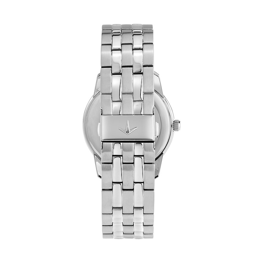 Vue arrière de la montre homme Lucien Rochat en acier inoxydable argenté avec un bracelet à maillons fermé.