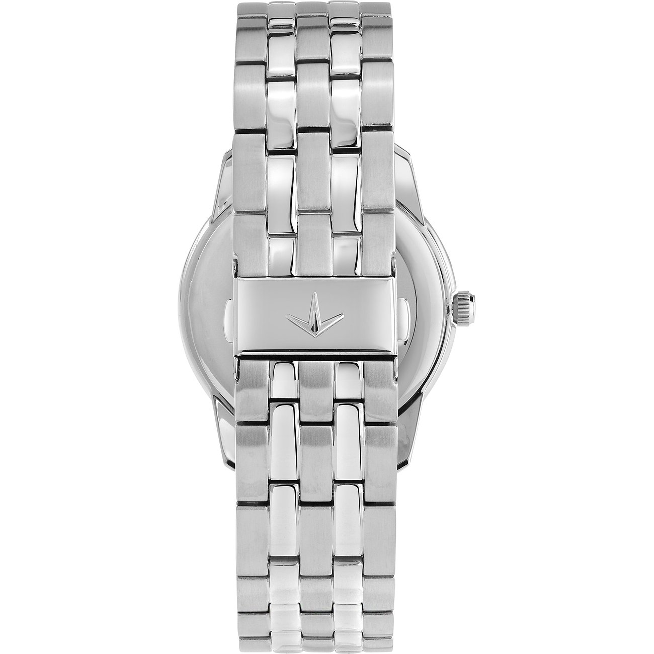 Vue arrière de la montre homme Lucien Rochat en acier inoxydable argenté avec un bracelet à maillons fermé.
