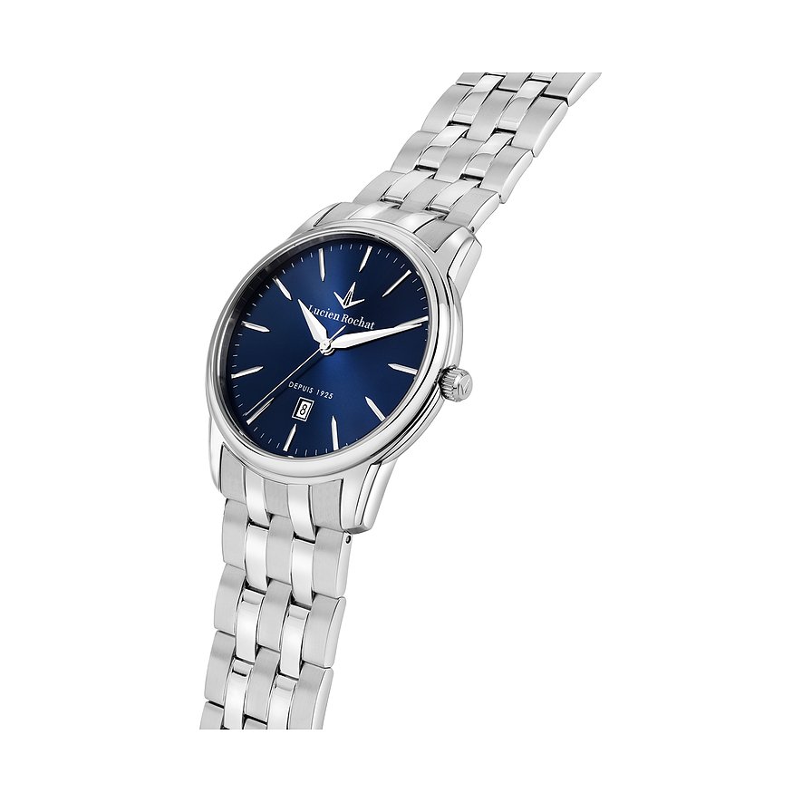 Montre homme Lucien Rochat en acier inoxydable bleu et argent, cadran rond et bracelet à maillons argenté.